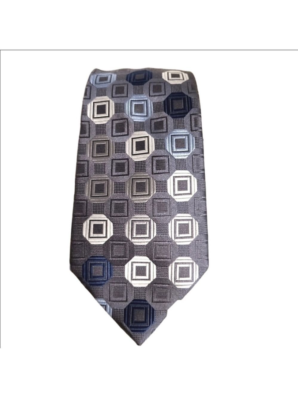 Michael Kors 100% Silk Geometric Squares Pattern Power Tie Grey Navy Blue White